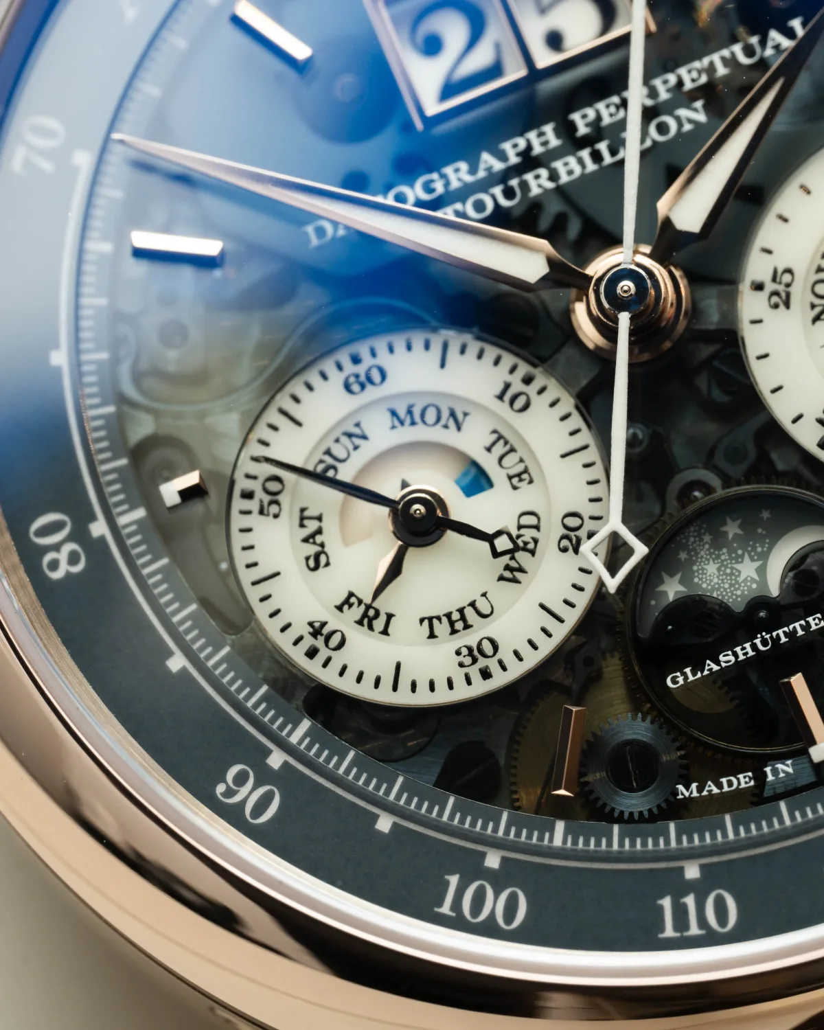 Dial details of the A. Lange & Söhne Datograph Perpetual Tourbillon Honeygold 'Lumen'