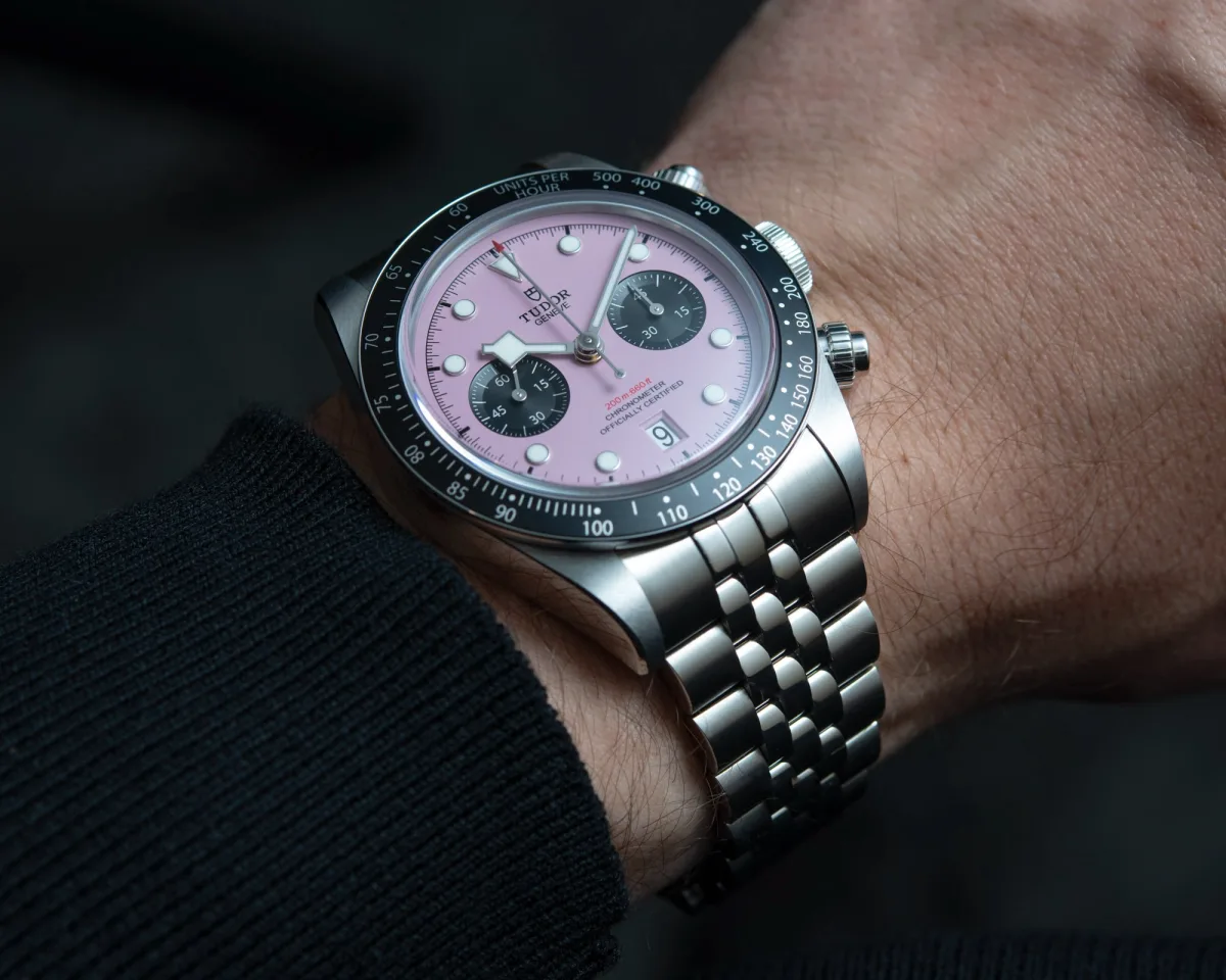 Close-up of Tudor Black Bay Chrono Pink's pink dial