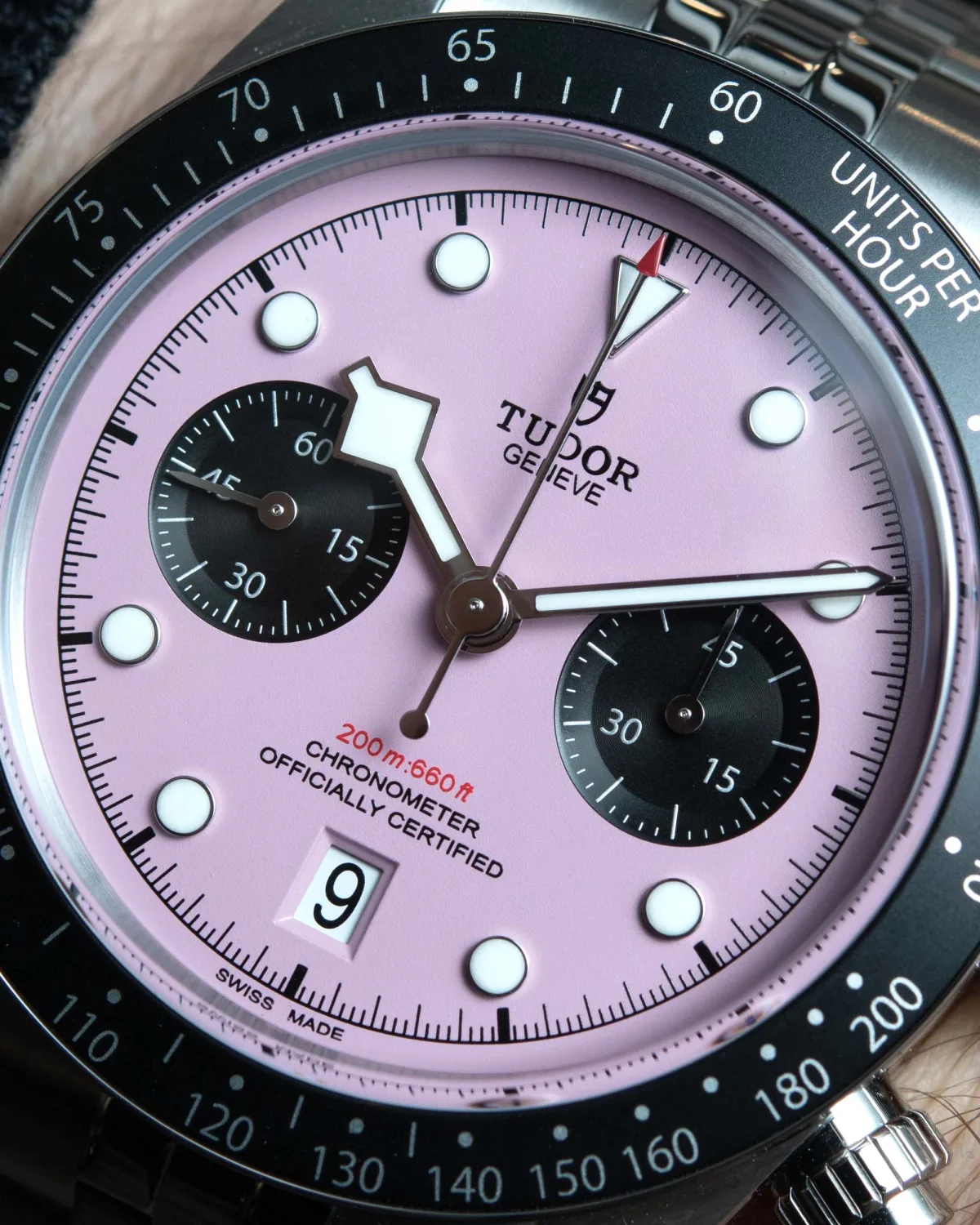 Tudor Black Bay Chrono Pink showing lavender hues