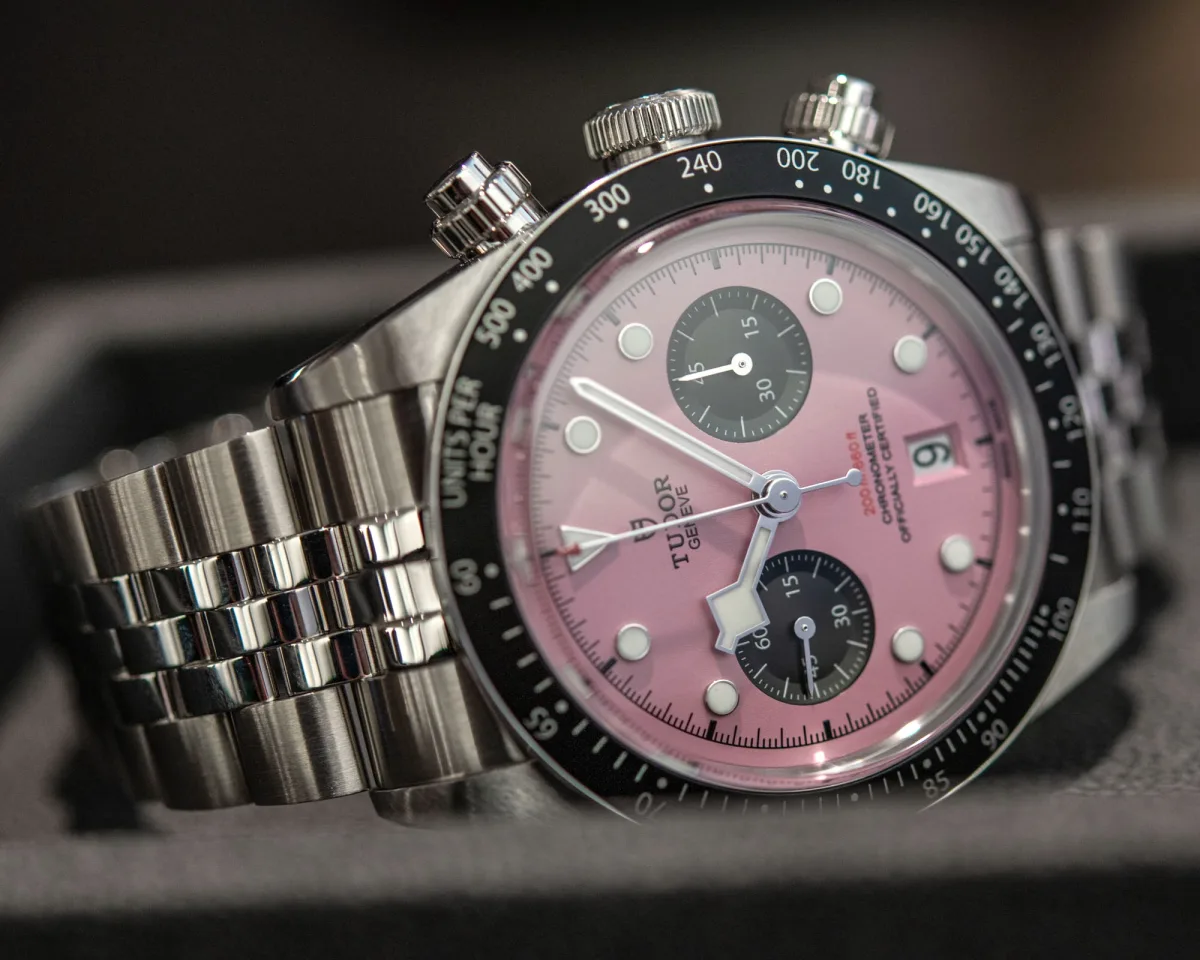 Back view of Tudor Black Bay Chrono Pink showing case back
