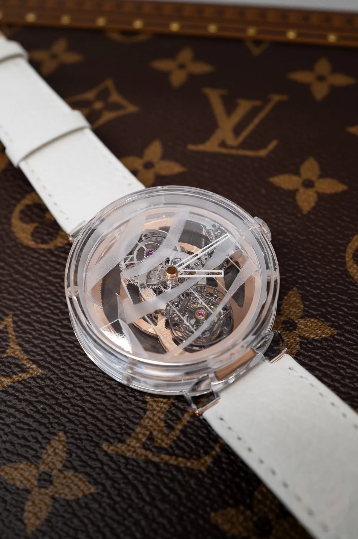 Louis Vuitton Tambour Moon Flying Tourbillon watch showcasing sapphire structure