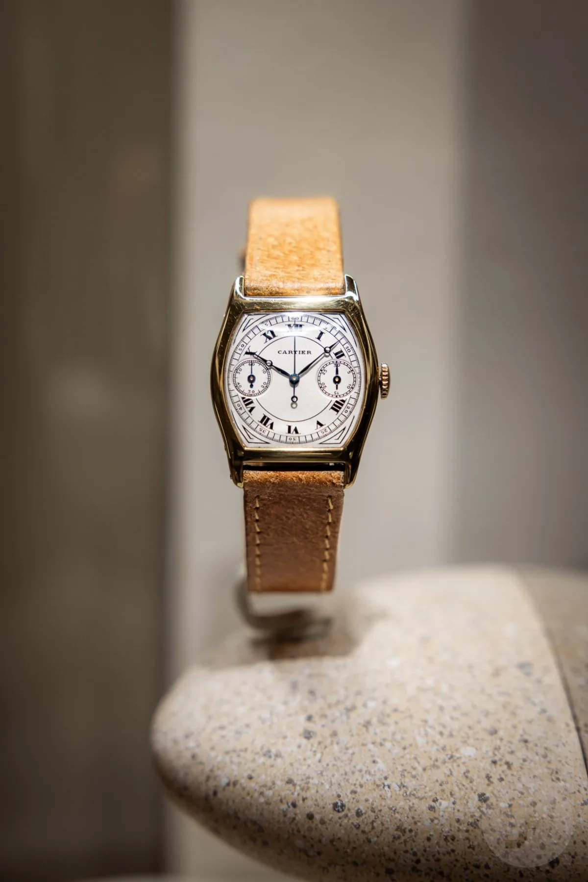 Cartier Tortue Monopoussoir Chronograph, original model, front view.