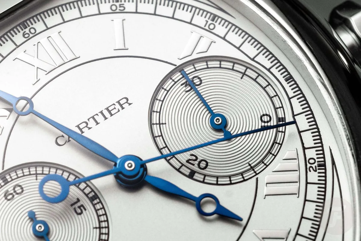 Cartier Tortue Monopoussoir Chronograph, dial and hands detail.
