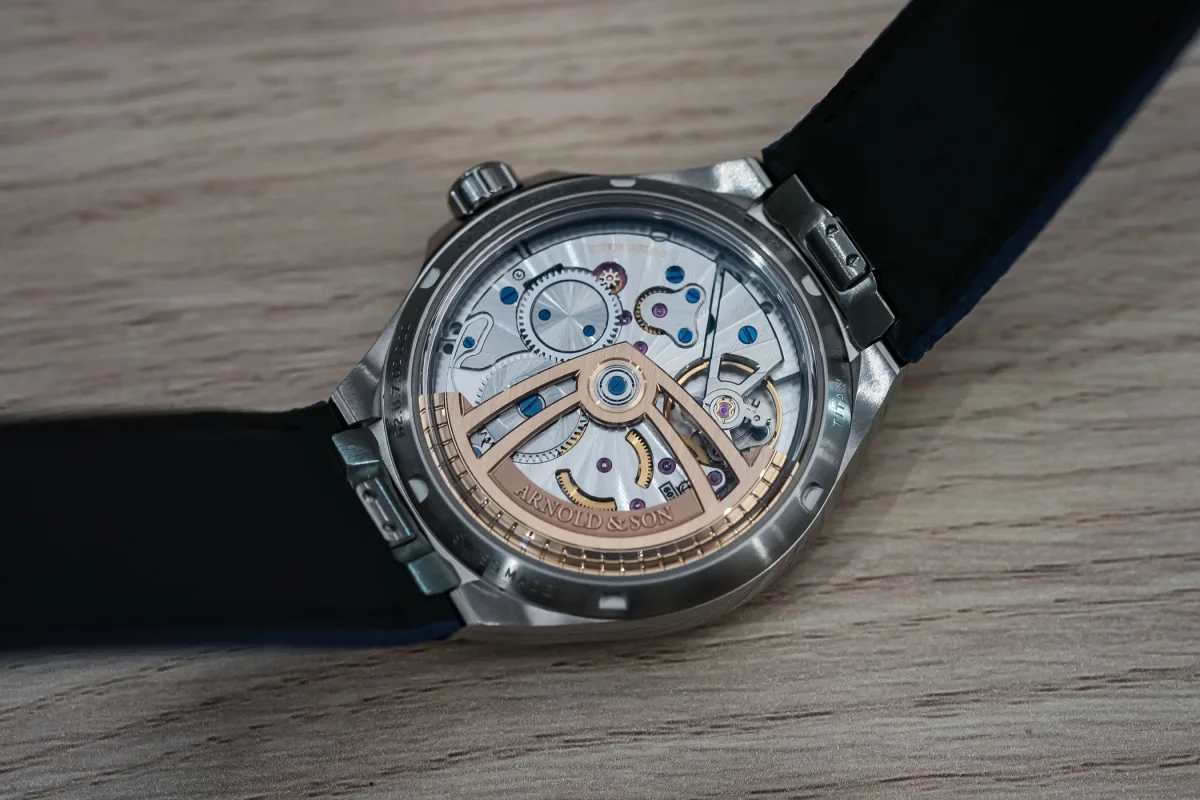 View of A&S6302 movement in Arnold & Son Longitude Titanium watch