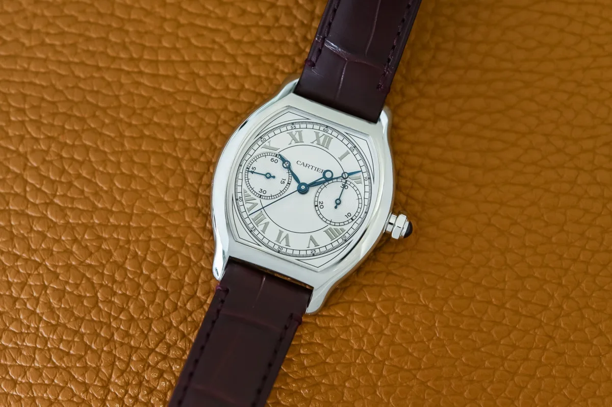 Cartier Tortue Monopoussoir chronograph watch in platinum and gold