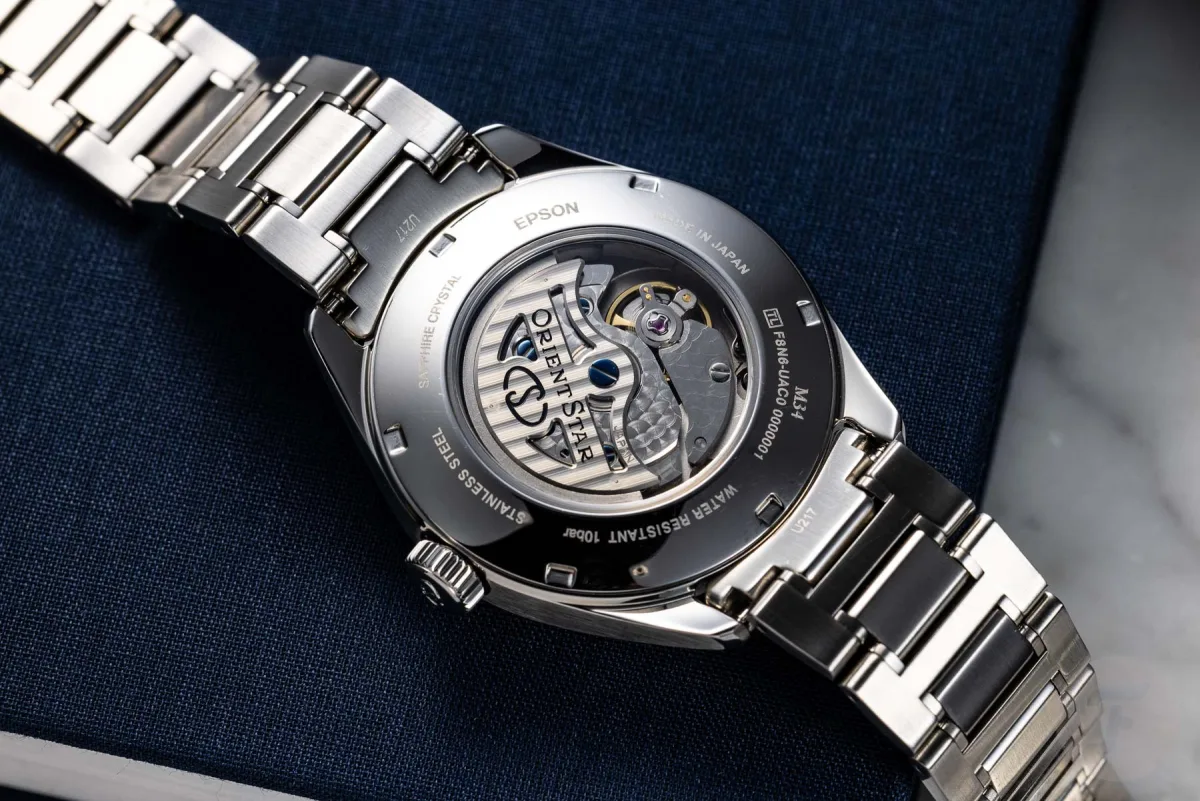 Close-up of Orient Star M34 F8 Date textured dial