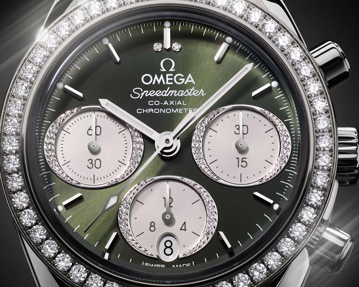 Close-up of Omega Speedmaster 38 diamond-set bezels