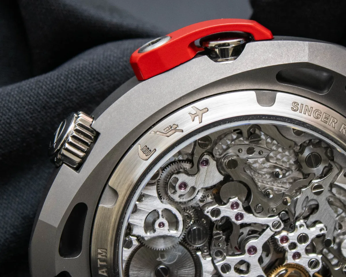 Close-up of the titanium case of Singer Divetrack