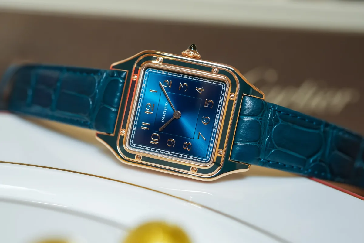 Cartier Santos-Dumont Lacquered Peacock watch in peacock blue