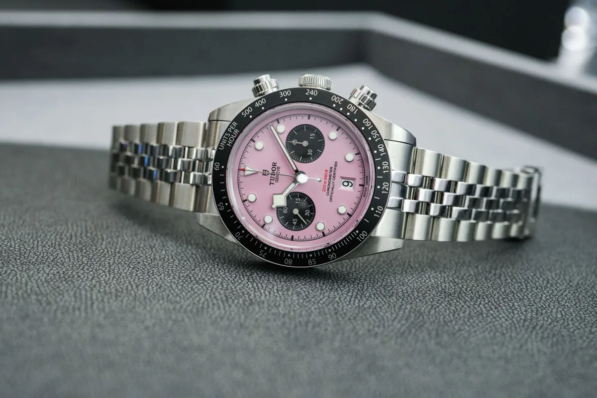 Tudor Black Bay Chrono Pink watch with candy pink dial