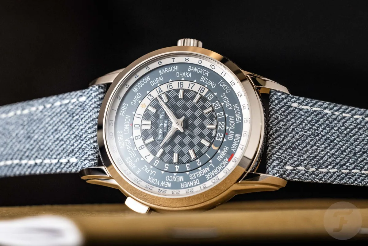 Patek Philippe World Time Date 5330G with denim strap