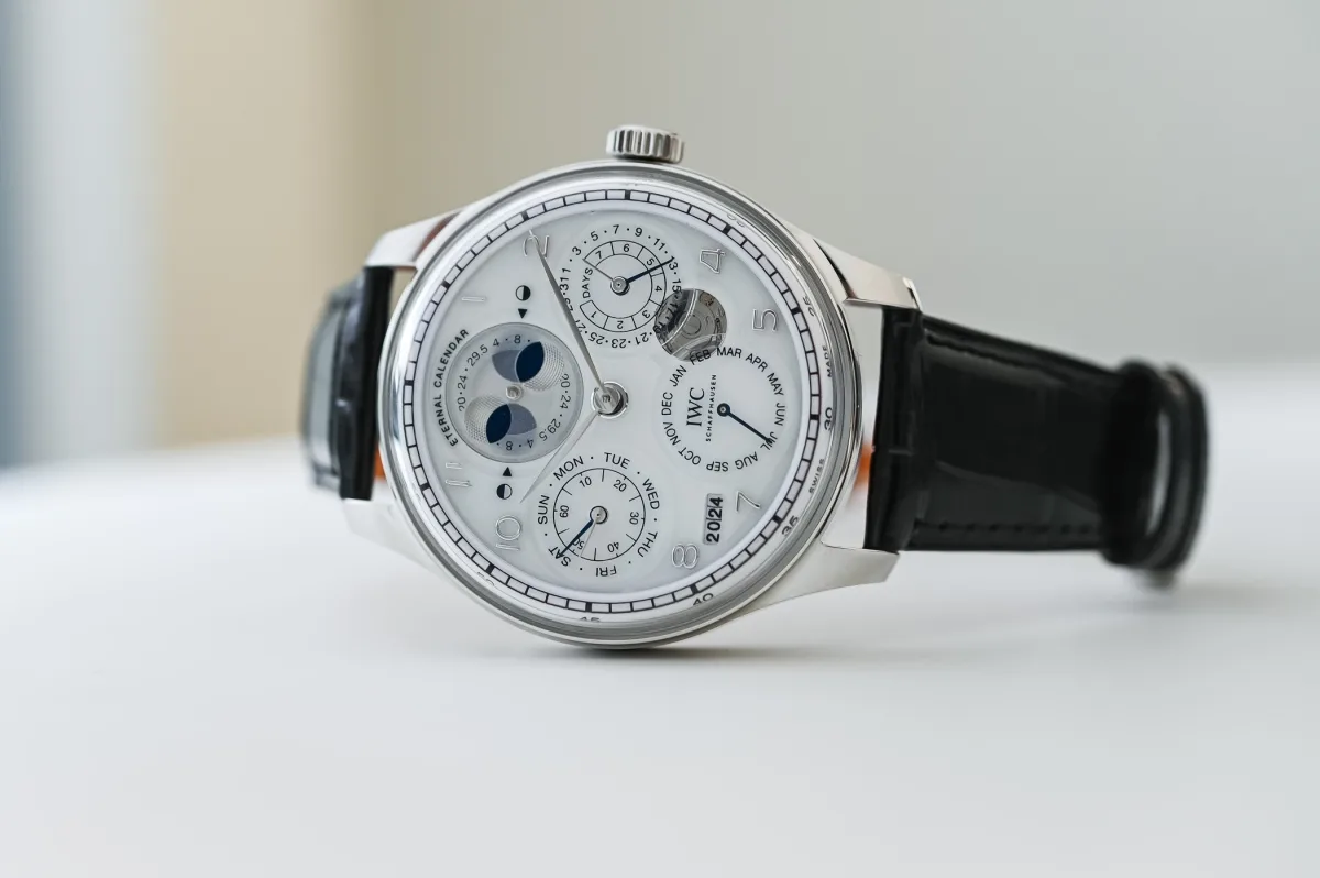 IWC Portugieser Eternal Calendar watch displaying its platinum case and advanced calendar mechanism.