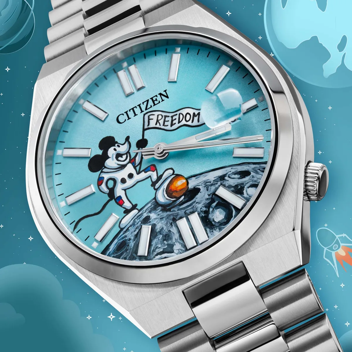 IFLW Citizen Tsuyosa Automatic Free Willie watch dial with Mickey Mouse on the Moon