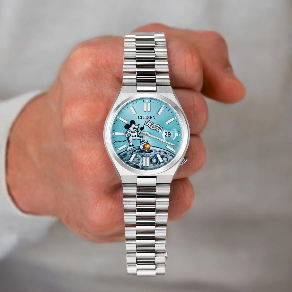 Close-up of the Free Willie watch dial showcasing Mickey Mouse