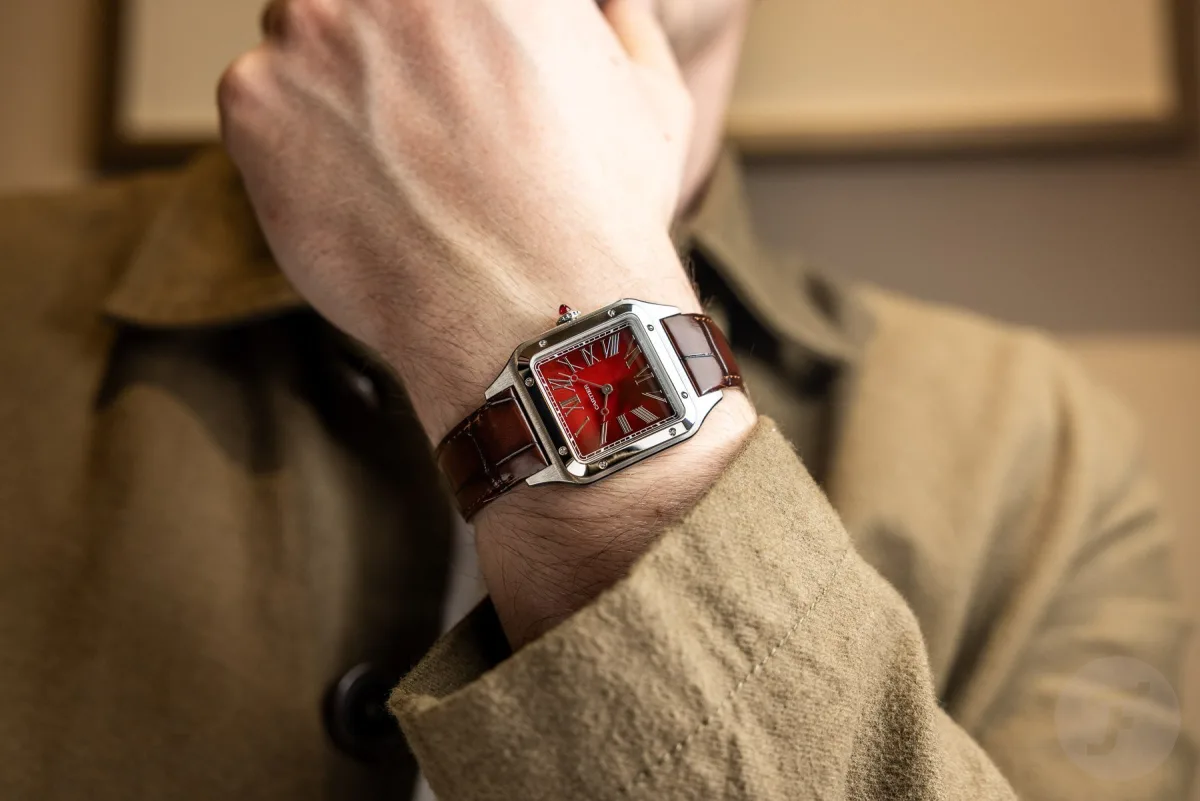 Wrist view of Cartier Santos-Dumont Rewind in natural light