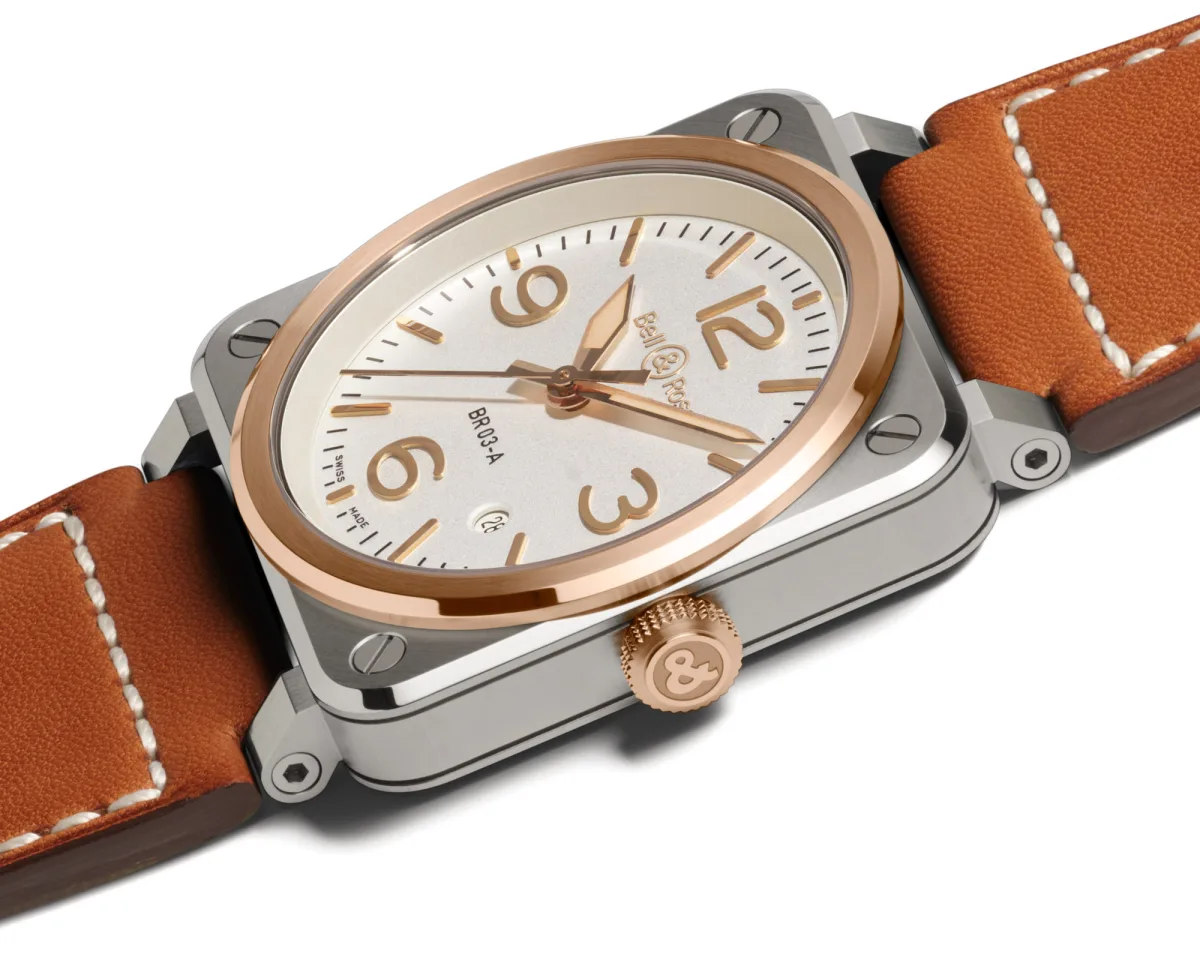 Close-up of Bell & Ross BR 03 White Steel & Gold dial