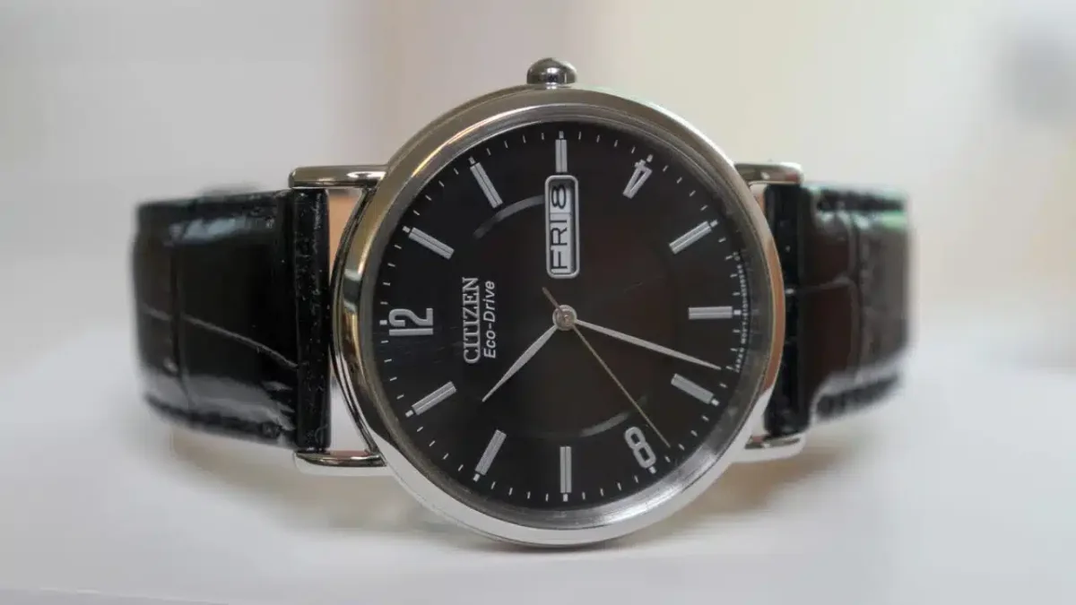 Citizen Eco-Drive watch close-up showing solar cells