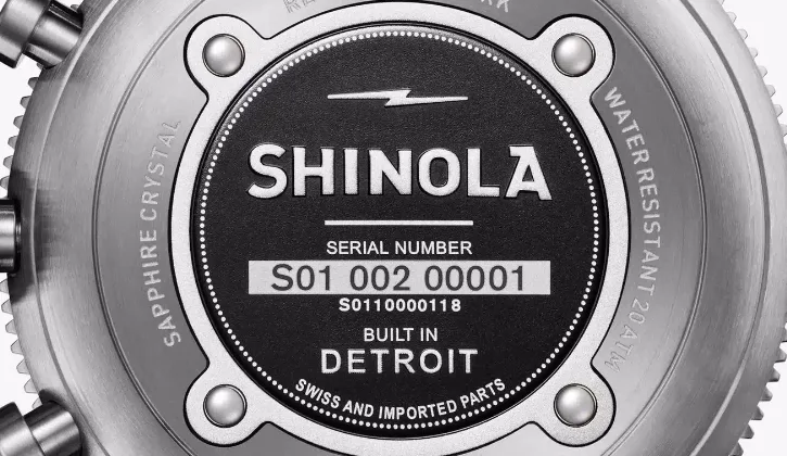 Back of a Shinola watch with 'Built in Detroit' inscription