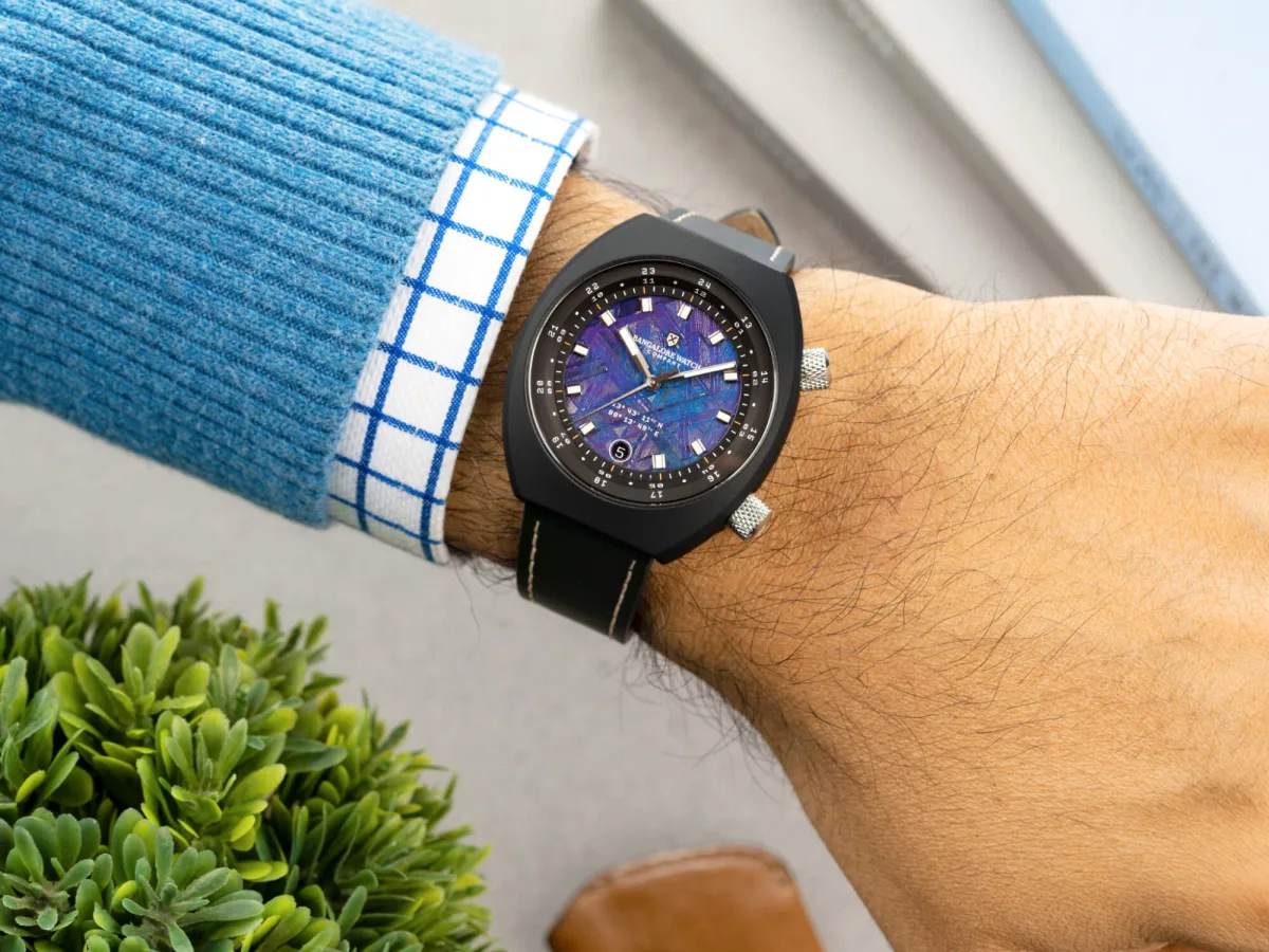 Close-up of the Apogee Karman Line watch's case and strap