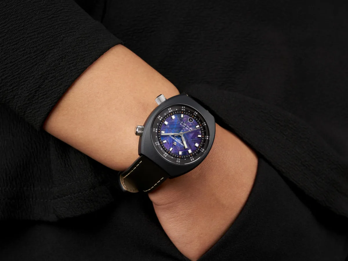 Apogee Karman Line watch dial with meteorite and coordinates