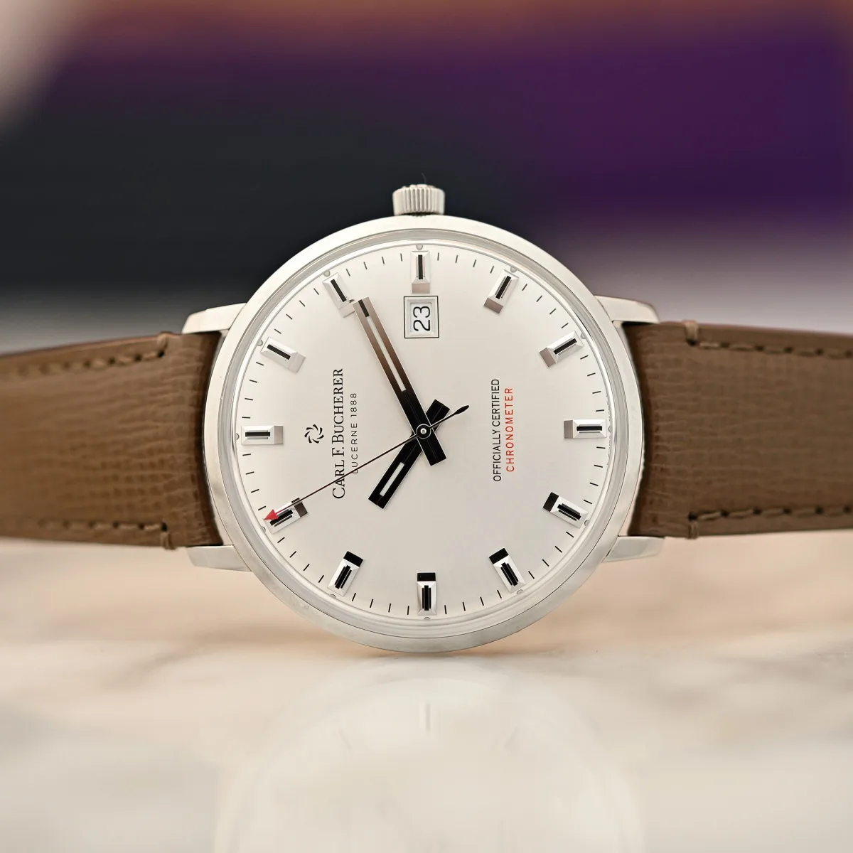 Carl F. Bucherer Heritage Chronometer Celebration watch with leather strap.