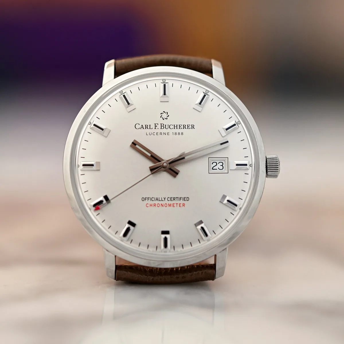 Close-up of Carl F. Bucherer watch dial showing the detailed craftsmanship.