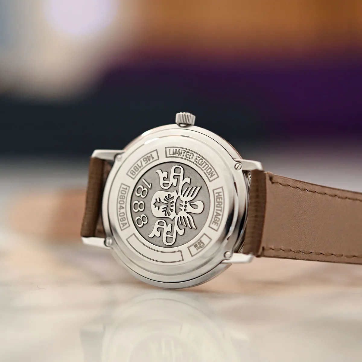 Back view of Carl F. Bucherer Heritage Chronometer Celebration, featuring the solid case back.
