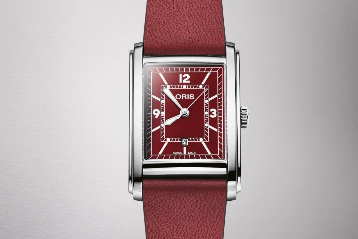 Oris Rectangular watch with burgundy red dial