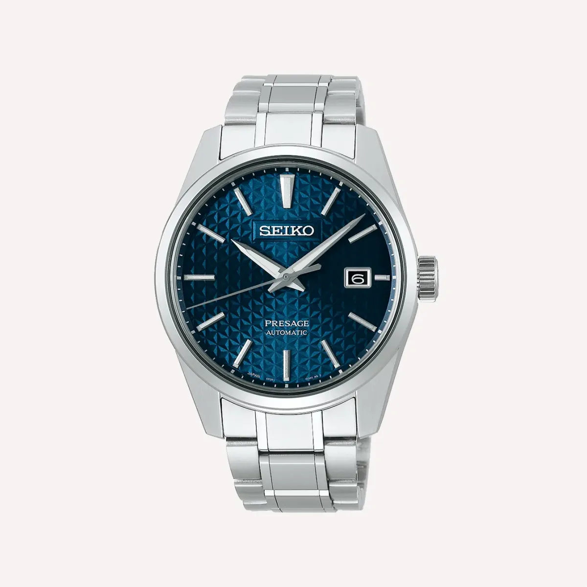 Seiko Presage SPB167 with embossed blue dial and steel bracelet