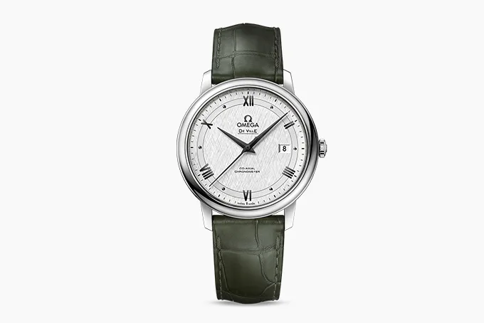Omega De Ville Prestige Dress Watch with green leather strap.