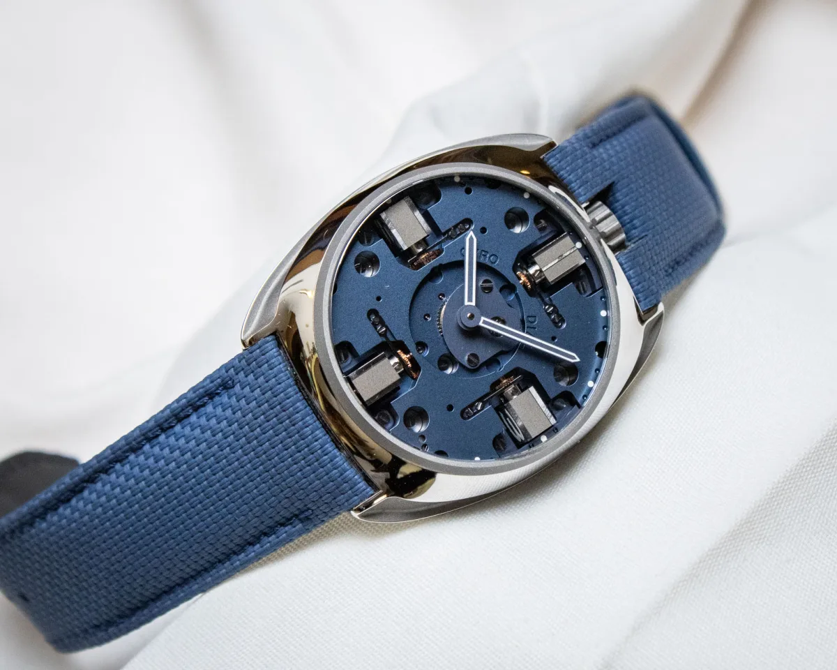 Titanium tang-style buckle on Byrne watch