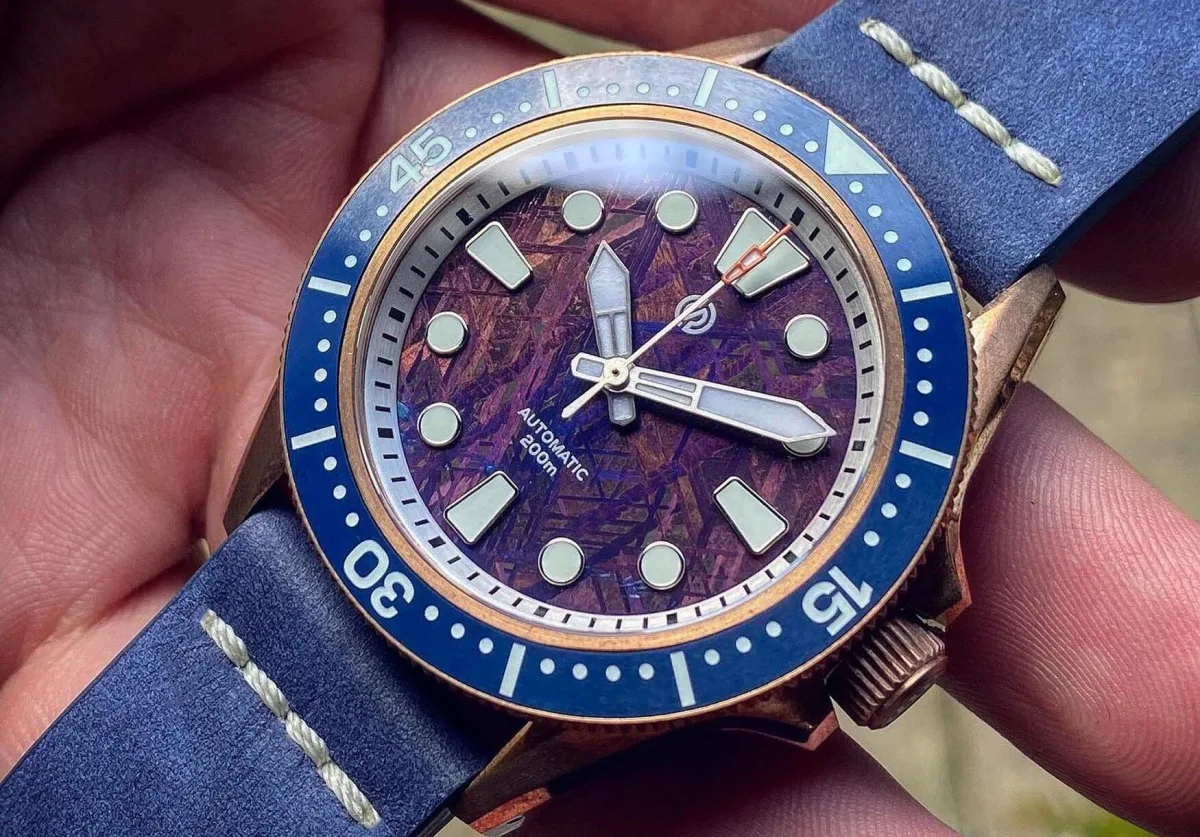 Close-up of watch dial with Gibeon meteorite Widmanstätten pattern