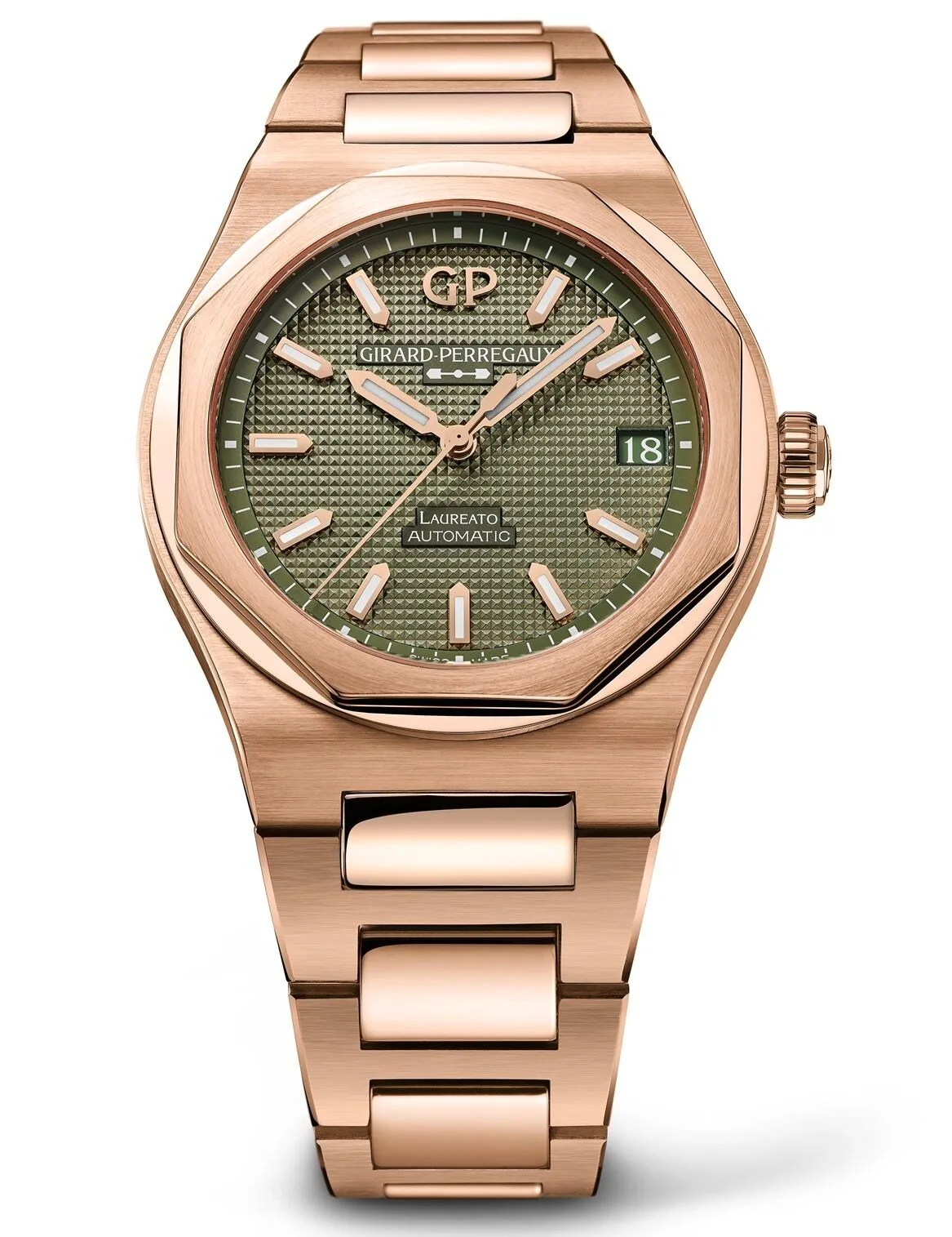 Girard-Perregaux Laureato 42mm Sage Green close-up on wrist