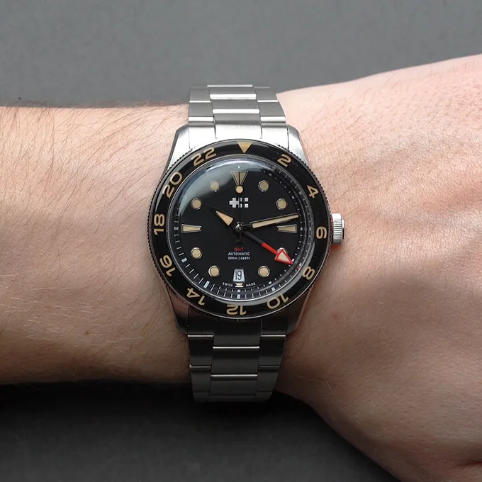 Christopher Ward C65 GMT showing the dial and bezel