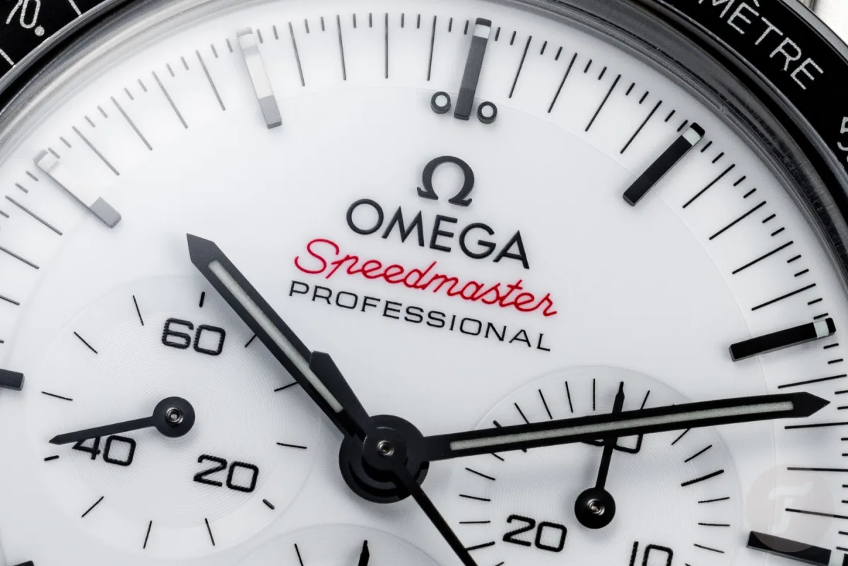 Close-up of Omega Speedmaster white dial