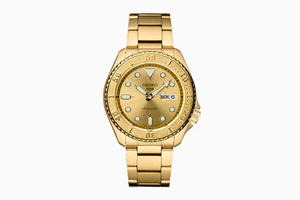 Seiko 5 Sports SRPE74 watch in gold tone with automatic movement