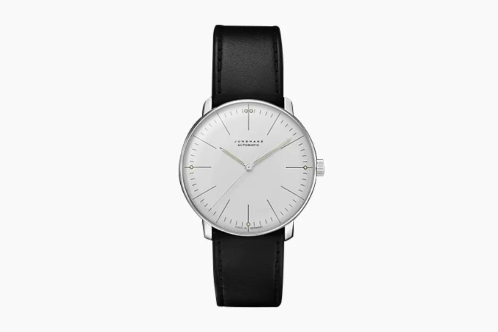 Junghans Max Bill Automatic watch with silver markers on a light gray dial
