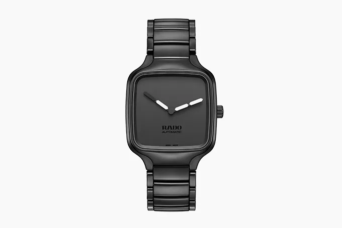 Rado True Square Undigital watch with a black ceramic case and digital-like hands