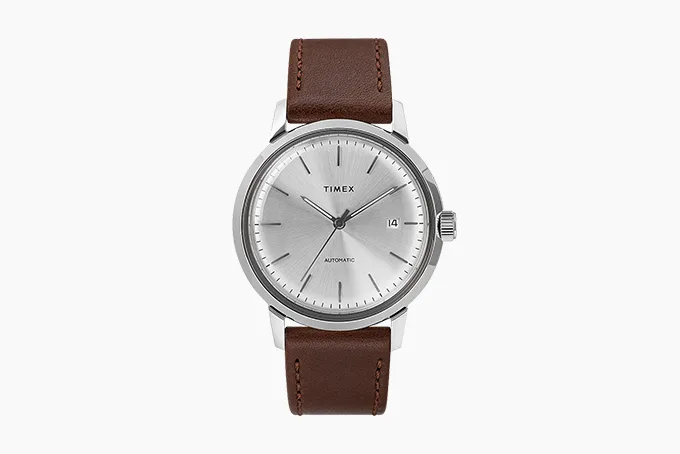 Timex Marlin Automatic watch with a retro-inspired silver dial and brown leather strap