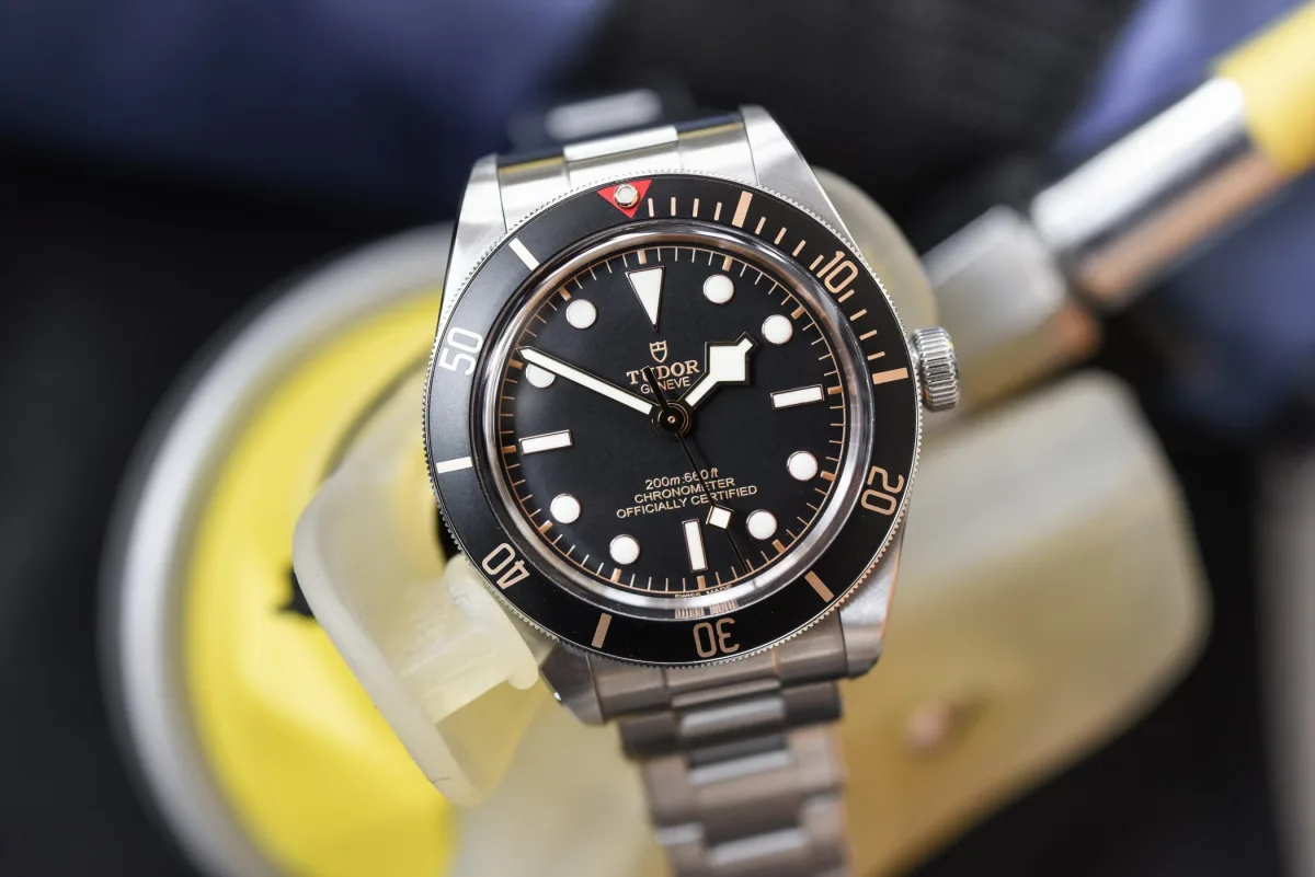 Close-up of Tudor Black Bay 58 GMT on a strap
