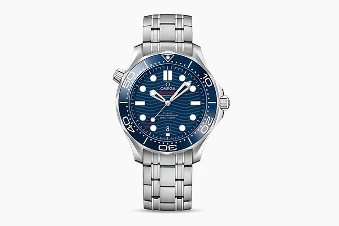 Omega Seamaster watch with blue wave dial