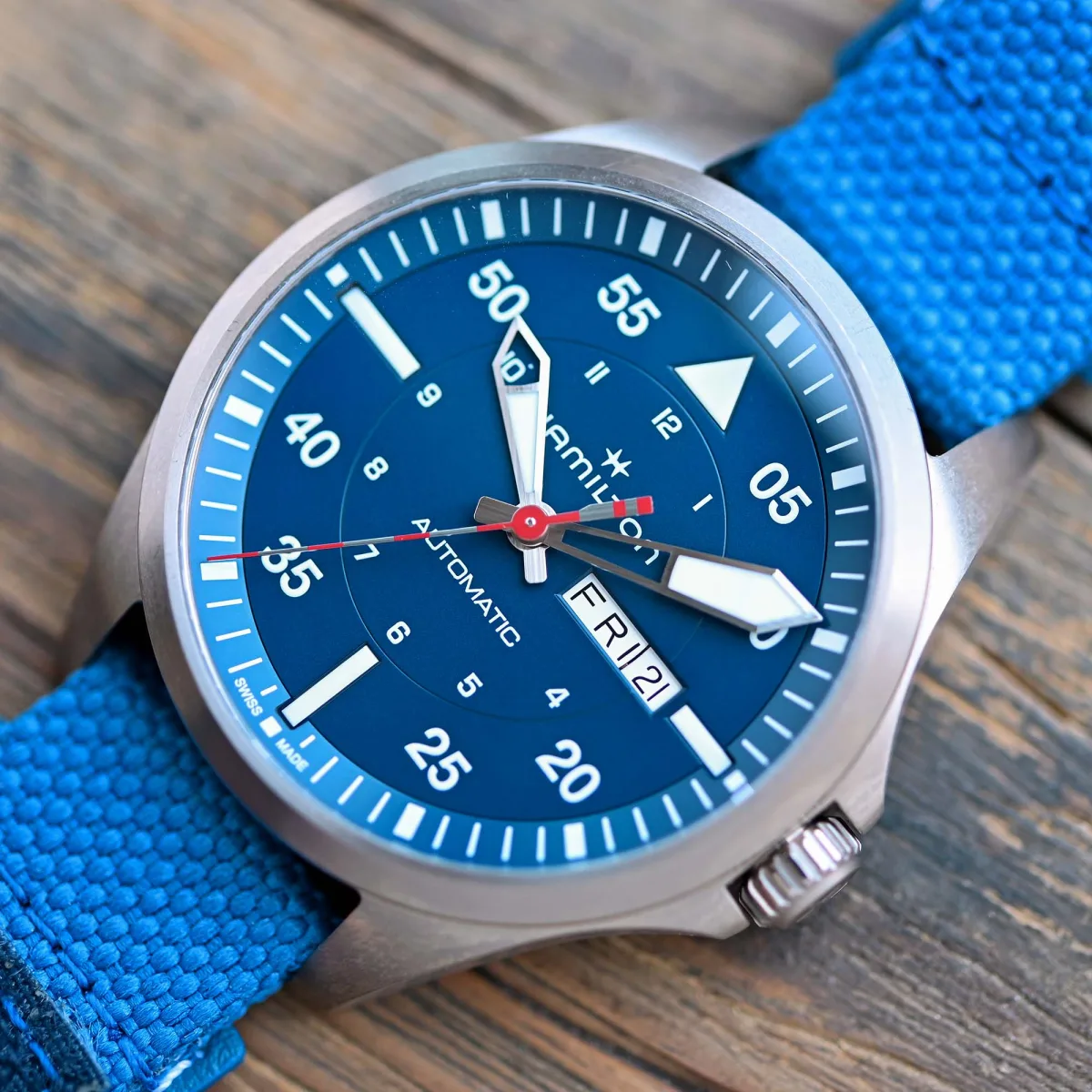 Close-up of the dial of Hamilton Khaki Pilot Air Glaciers