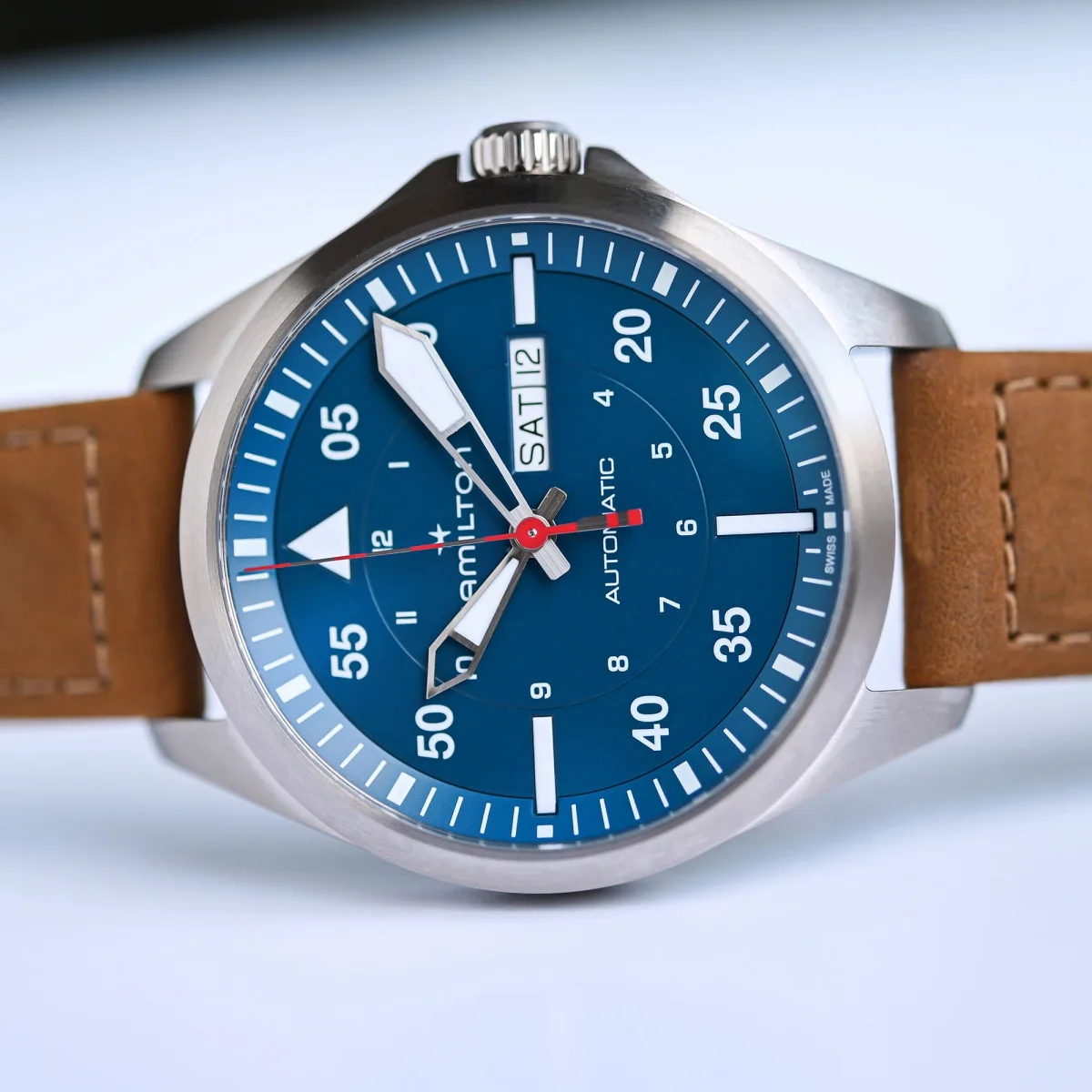 Back view of Hamilton Khaki Pilot Air Glaciers showing the movement