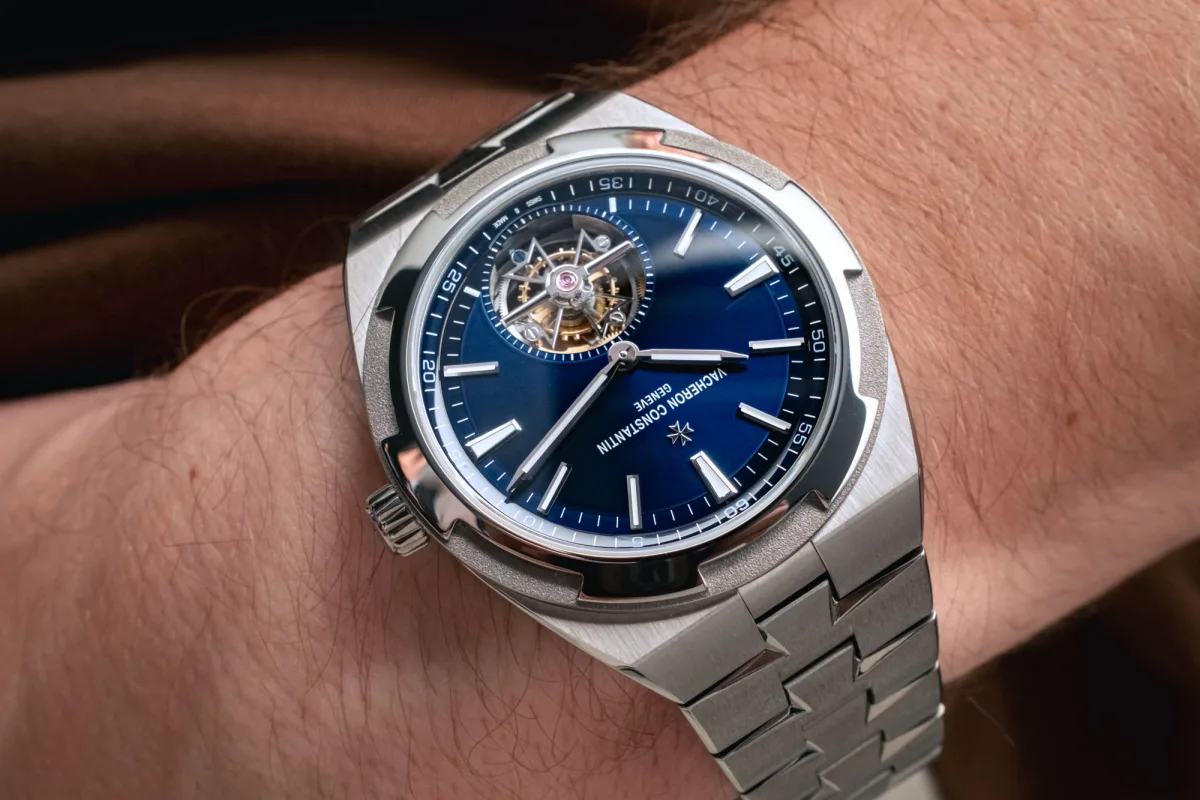 Detailed view of the tourbillon mechanism in Vacheron Constantin Overseas