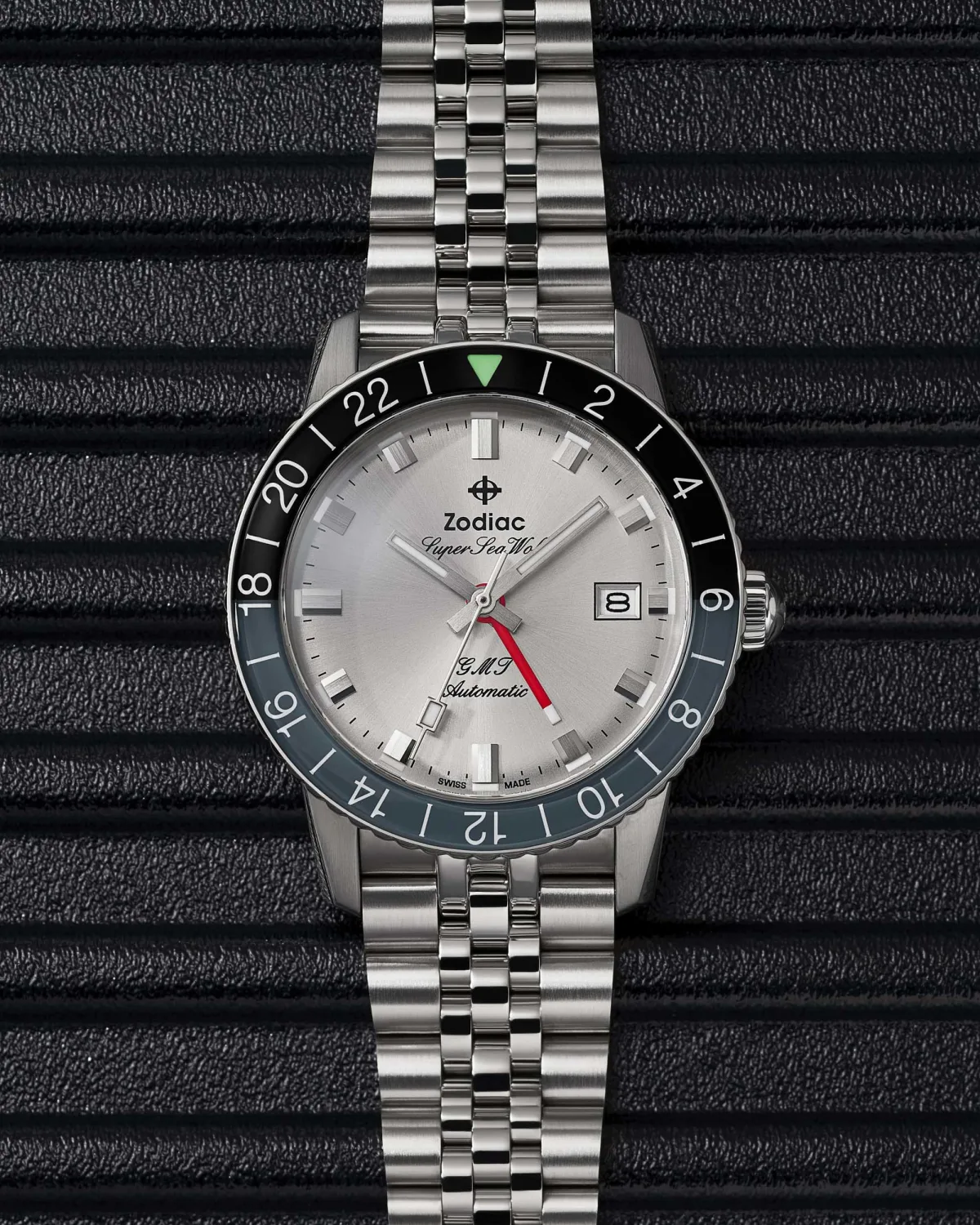 Side view of Zodiac Super Sea Wolf GMT with stainless steel case