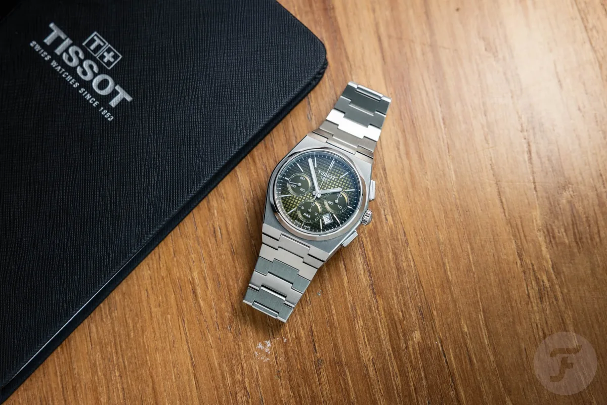 Close-up of Tissot PRX Automatic Chronograph green dial