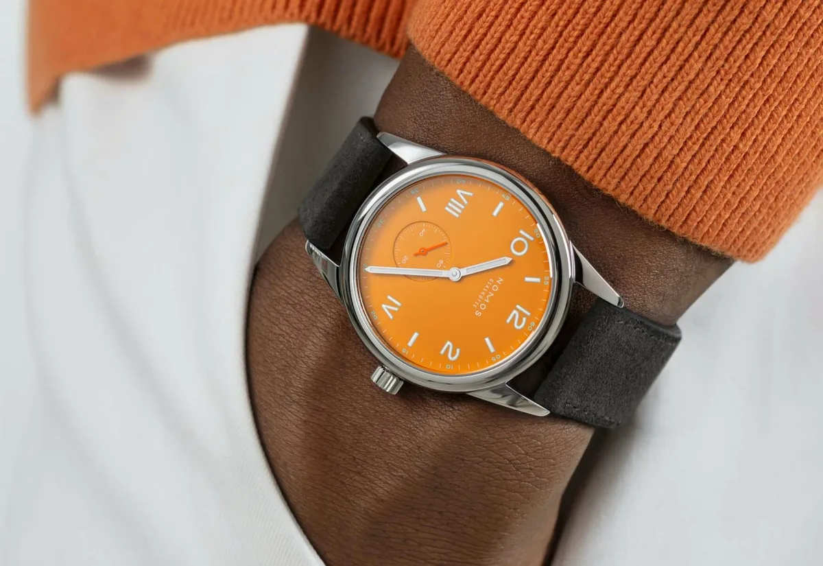 Nomos Club Campus 38 watch with colorful dial and California-style numerals