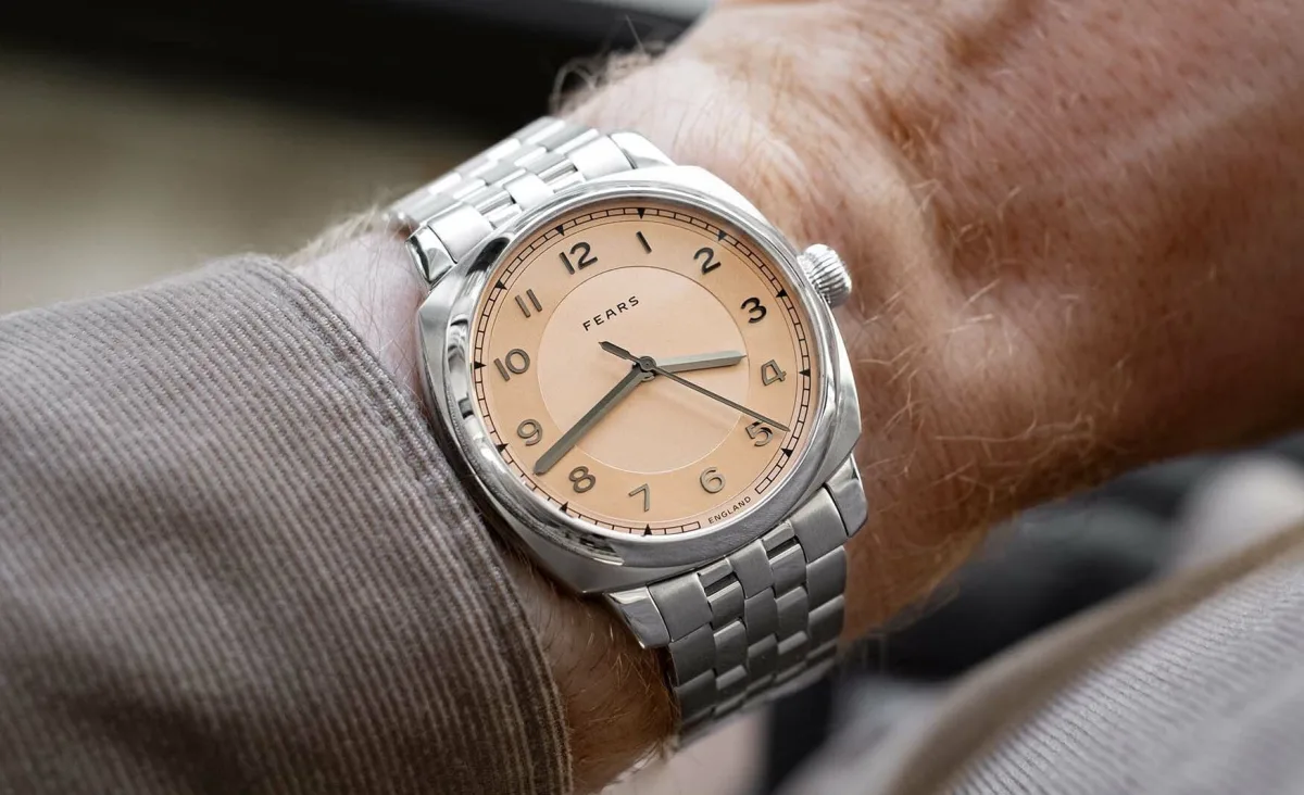 Fears Brunswick 40 Copper Salmon watch with Art Deco sector dial