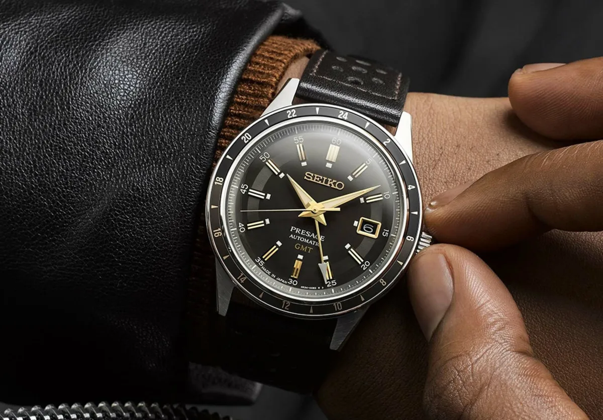 Seiko Presage SSK013 watch with GMT complication and gold details