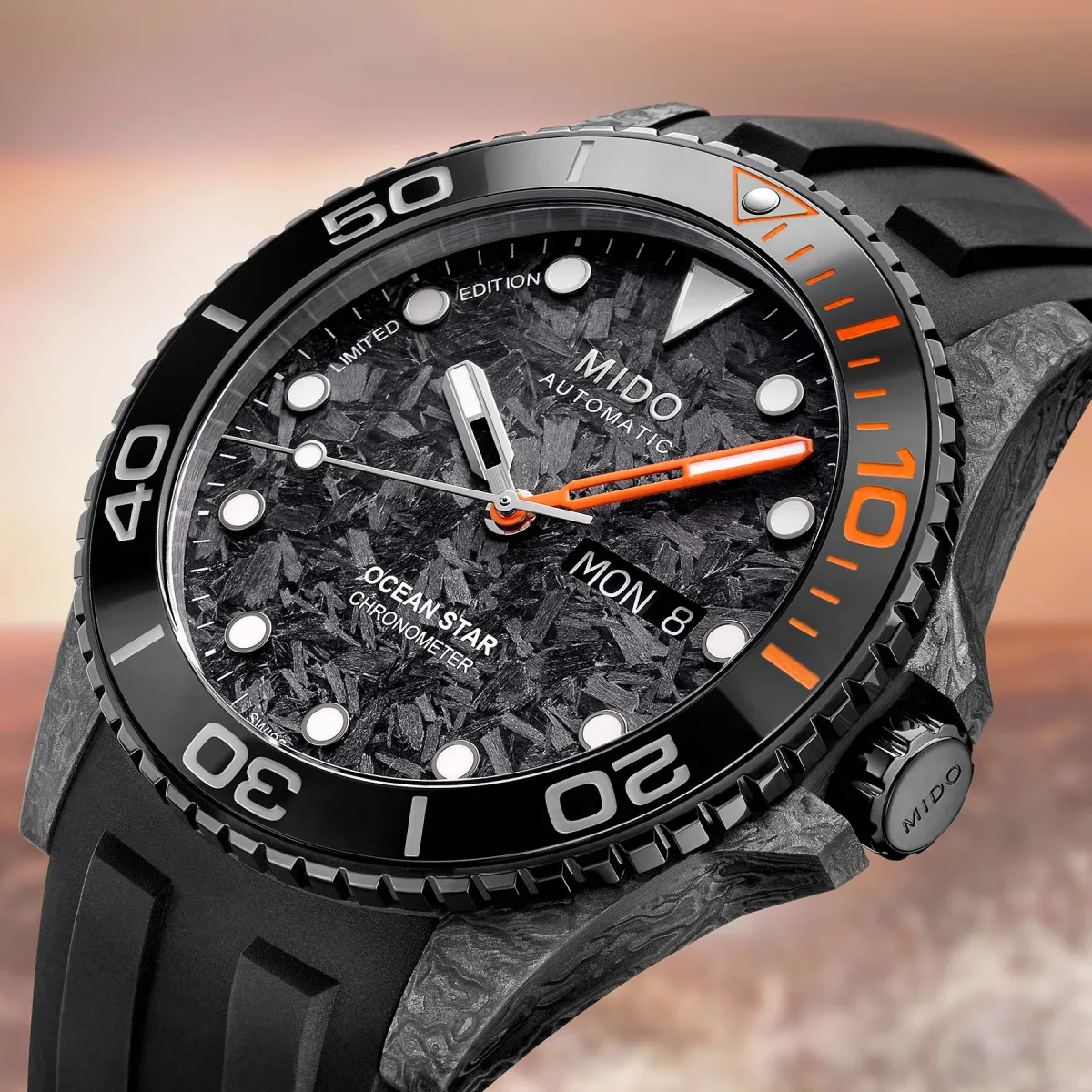 Close-up of Mido Ocean Star 200C carbon fiber dial